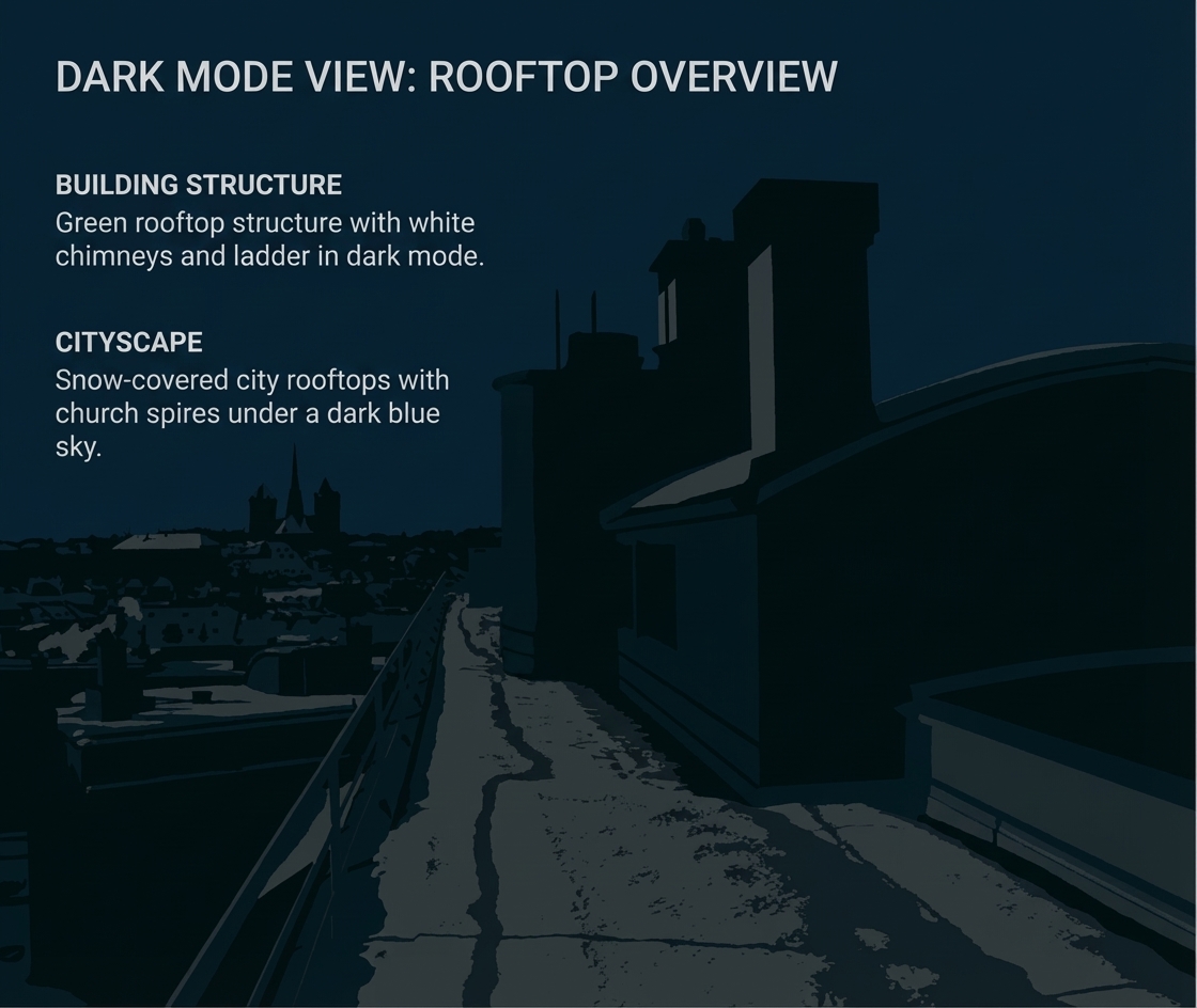 Verschneites Dach mit grünen Aufbauten und rauchendem Schornstein, Stadtblick mit Kirchtürmen, Corbusier